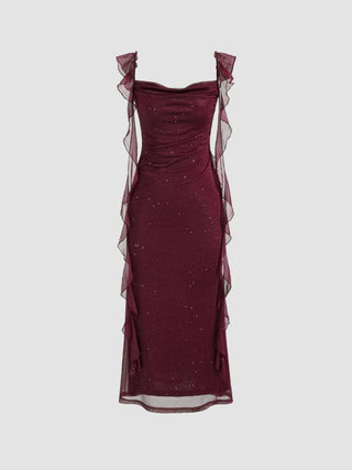 Cowl Neck Solid Glitter Ruffle Hem Maxi Dress