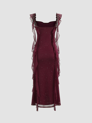 Cowl Neck Solid Glitter Ruffle Hem Maxi Dress