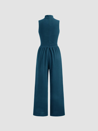 High Neck Solid Cut Out Patched Wide Leg Jumpsuit