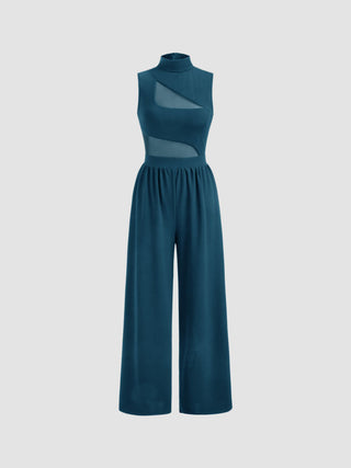 High Neck Solid Cut Out Patched Wide Leg Jumpsuit