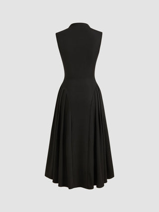 High Neck Solid Pocket Ruffle Midi Dress