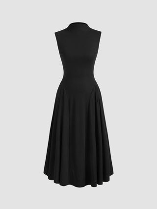High Neck Solid Pocket Ruffle Midi Dress