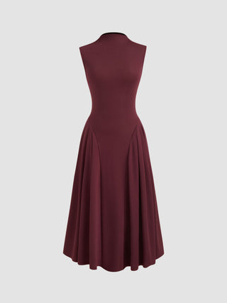 High Neck Solid Pocket Ruffle Midi Dress