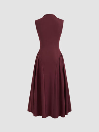 High Neck Solid Pocket Ruffle Midi Dress