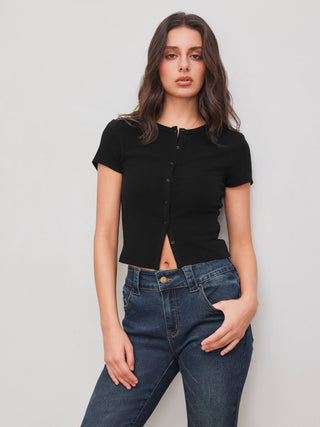Round Neckline Solid Button Short Sleeve Top