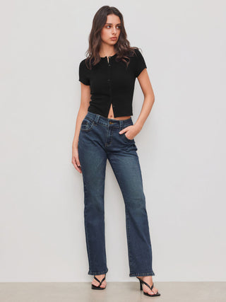 Round Neckline Solid Button Short Sleeve Top