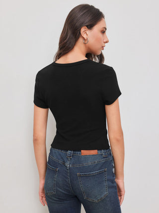 Round Neckline Solid Button Short Sleeve Top
