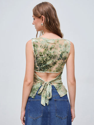 Valentine Knit Fabric Boat Neck Floral Knotted Ruched Crop Tank Top For Coffee Shop