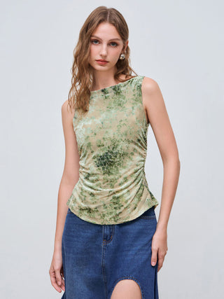 Valentine Knit Fabric Boat Neck Floral Knotted Ruched Crop Tank Top For Coffee Shop