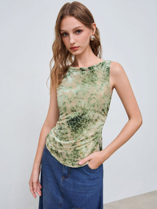 Valentine Knit Fabric Boat Neck Floral Knotted Ruched Crop Tank Top For Coffee Shop