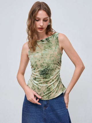 Valentine Knit Fabric Boat Neck Floral Knotted Ruched Crop Tank Top For Coffee Shop