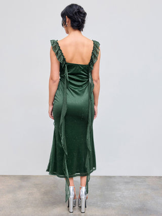 Cowl Neck Solid Glitter Ruffle Hem Maxi Dress