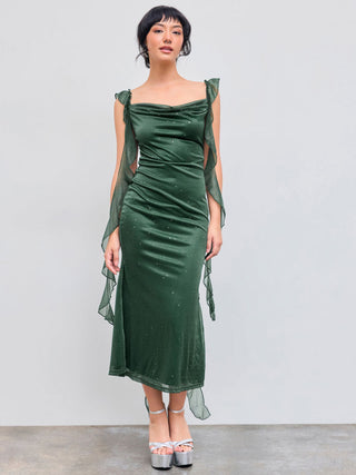 Cowl Neck Solid Glitter Ruffle Hem Maxi Dress