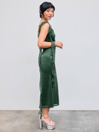 Cowl Neck Solid Glitter Ruffle Hem Maxi Dress