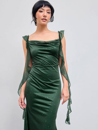 Cowl Neck Solid Glitter Ruffle Hem Maxi Dress