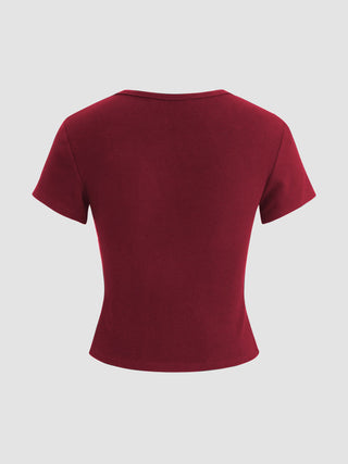 Round Neckline Solid Button Short Sleeve Top