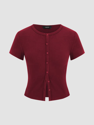 Round Neckline Solid Button Short Sleeve Top