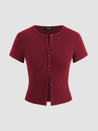 Round Neckline Solid Button Short Sleeve Top