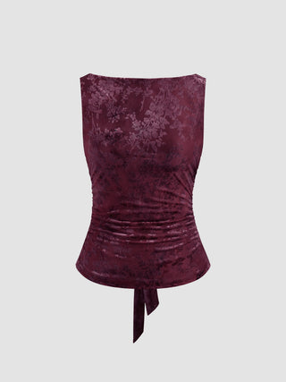 Valentine Knit Fabric Boat Neck Floral Knotted Ruched Crop Tank Top For Coffee Shop