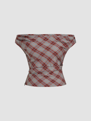 Off-shoulder Tartan Ruched Crop Top