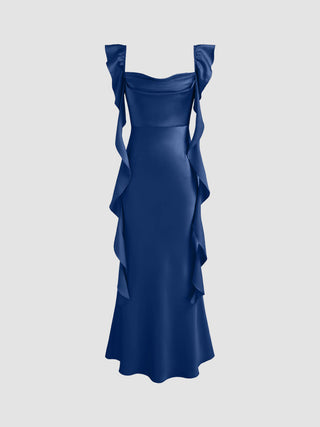 Satin Cowl Neck Solid Ruffle Hem Maxi Dress