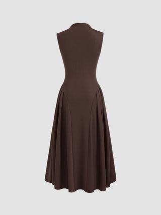 High Neck Solid Pocket Ruffle Midi Dress