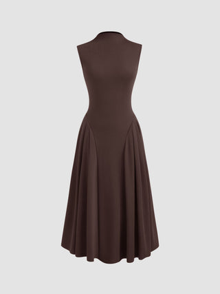 High Neck Solid Pocket Ruffle Midi Dress