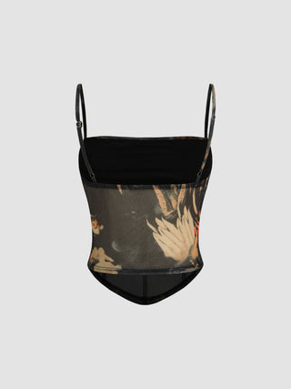 Mesh Abstract Ruched Corset Crop Cami Top