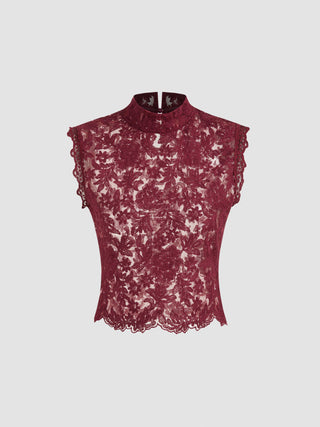 Lace Mandarin Collar Floral See-through Tank Top
