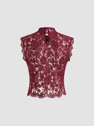 Lace Mandarin Collar Floral See-through Tank Top