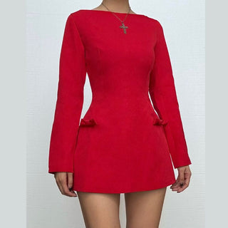 Long sleeve bowknot solid mini dress