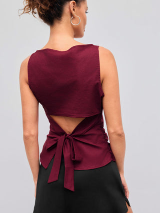 Linen-blend Boat Neckline Solid Bowknot Tank Top