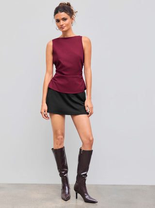 Linen-blend Boat Neckline Solid Bowknot Tank Top