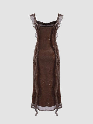Cowl Neck Solid Glitter Ruffle Hem Maxi Dress