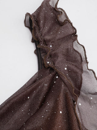 Cowl Neck Solid Glitter Ruffle Hem Maxi Dress