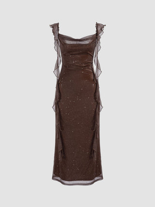 Cowl Neck Solid Glitter Ruffle Hem Maxi Dress