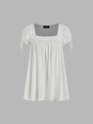 Square Neck Solid Ruffle Knotted Short Sleeve Blouse