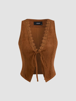 Suede V-Neck Lace Trim Waistcoat