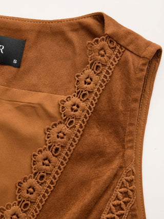 Suede V-Neck Lace Trim Waistcoat