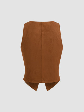 Suede V-Neck Lace Trim Waistcoat