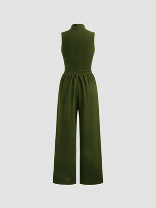 High Neck Solid Cut Out Patched Wide Leg Jumpsuit