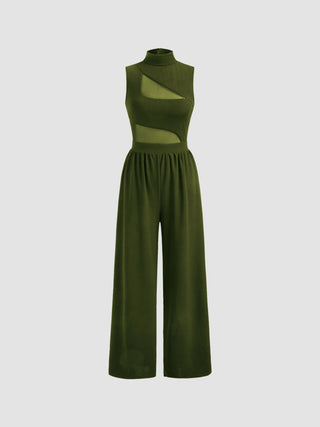 High Neck Solid Cut Out Patched Wide Leg Jumpsuit