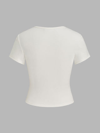 Round Neckline Solid Button Short Sleeve Top