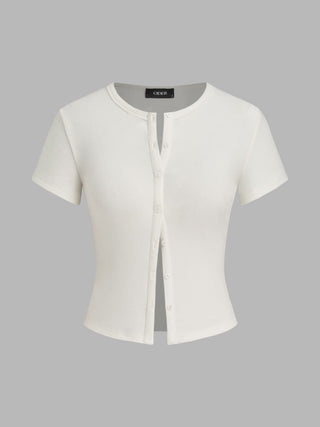 Round Neckline Solid Button Short Sleeve Top