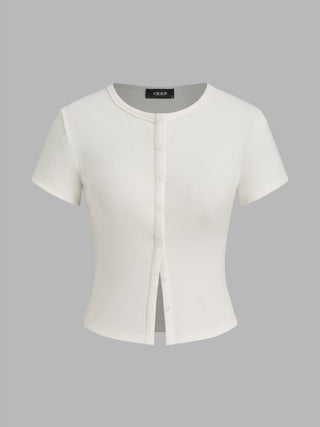 Round Neckline Solid Button Short Sleeve Top