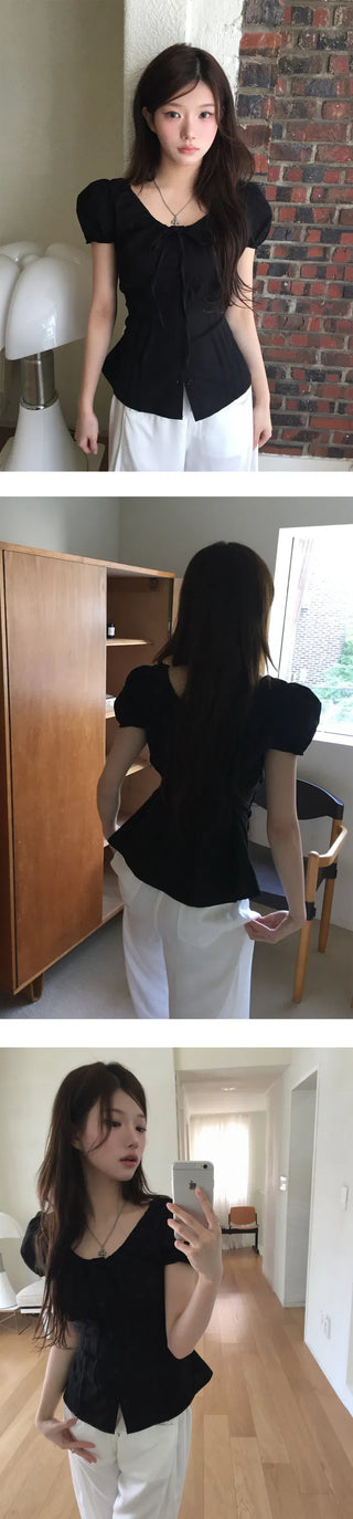 Picnic Ribbon Round Puff Pintuck Blouse - 2 Colors