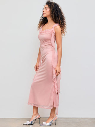 Cowl Neck Solid Glitter Ruffle Hem Maxi Dress