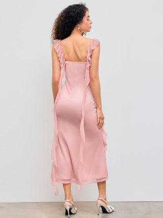 Cowl Neck Solid Glitter Ruffle Hem Maxi Dress