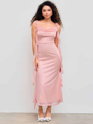 Cowl Neck Solid Glitter Ruffle Hem Maxi Dress