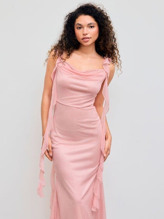 Cowl Neck Solid Glitter Ruffle Hem Maxi Dress